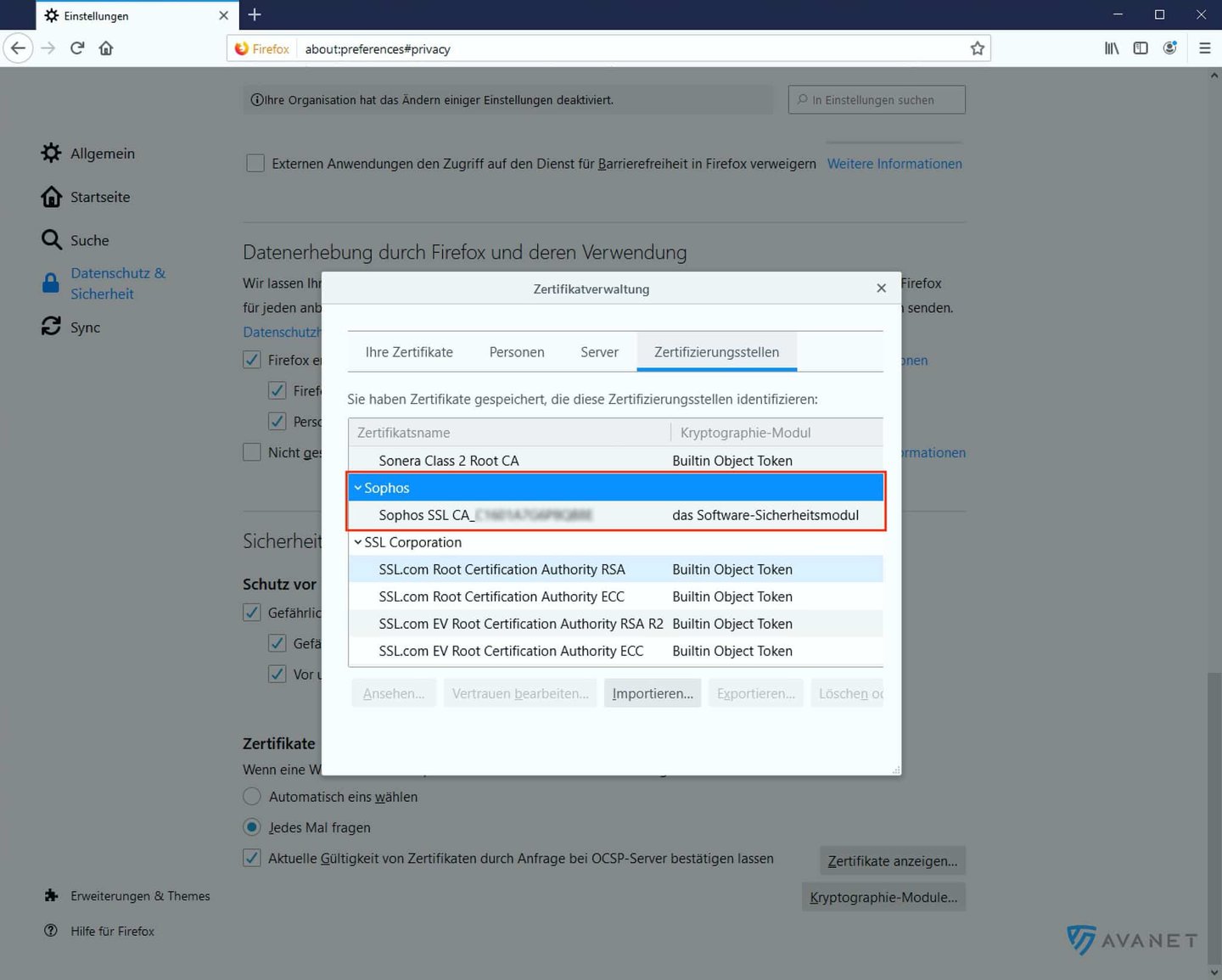 Firefox Zertifikatsverwaltung mit Sophos CA
