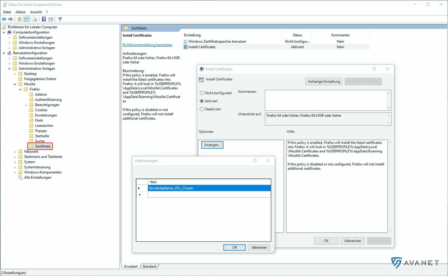 Firefox GPO für Sophos CA Zertifikat konfigurieren