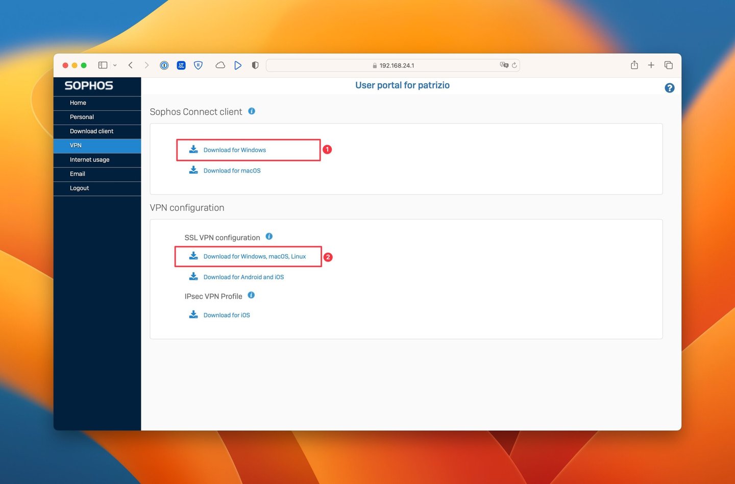 Sophos Firewall VPN Portal - nedladdning av klient och konfiguration
