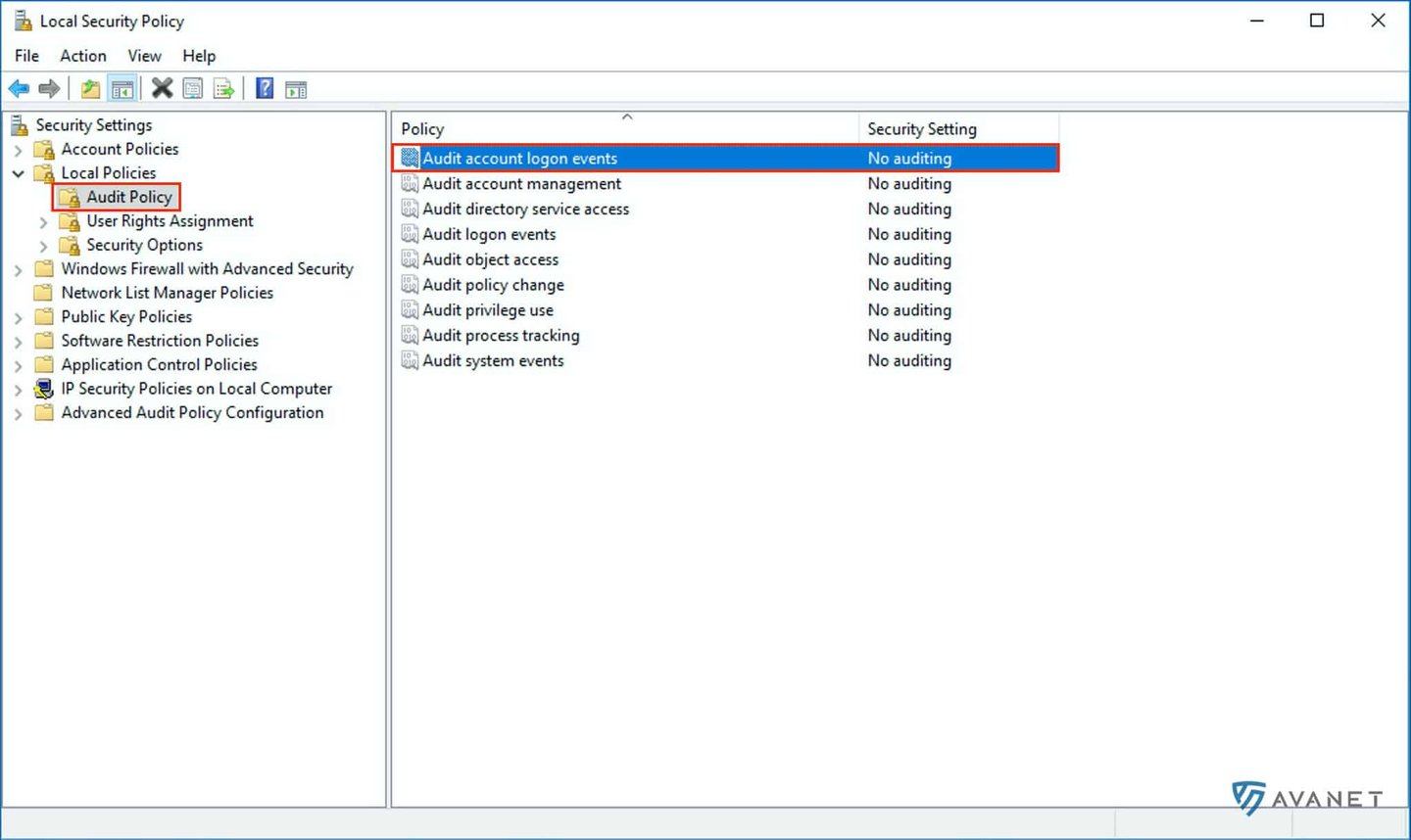 Audit account logon events policy