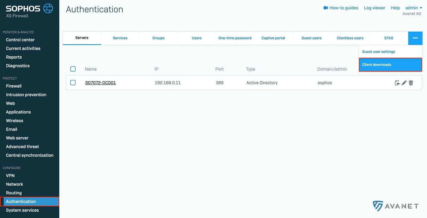 Client Downloads menu on Sophos Firewall