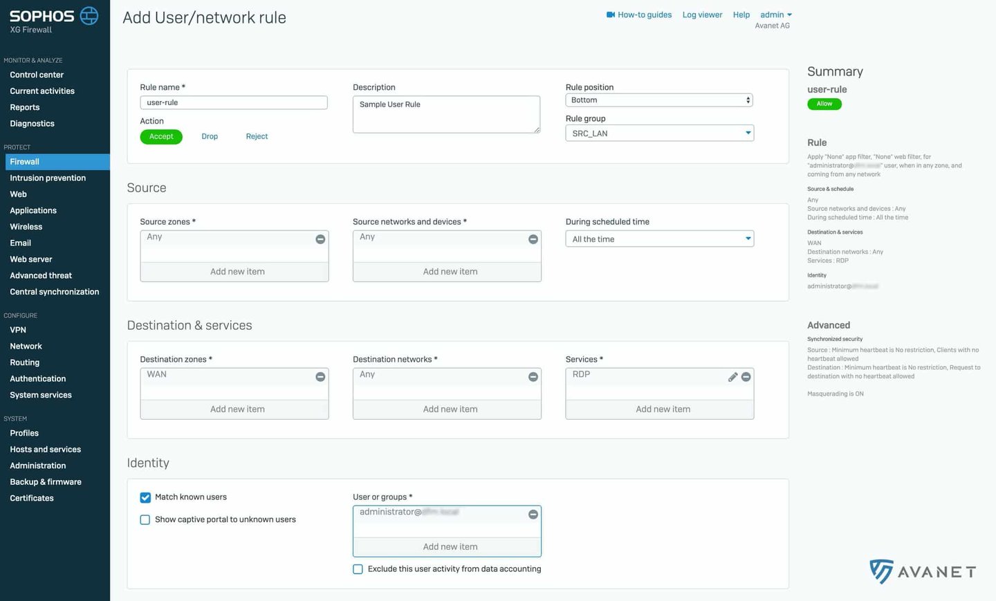 Firewall rule with user identity for RDP