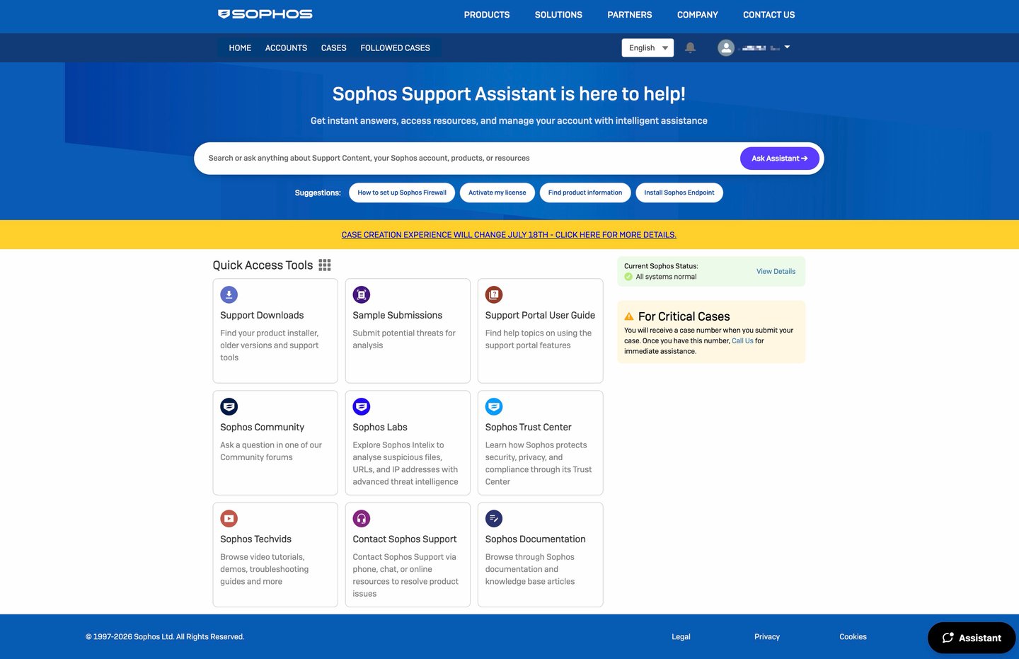 Sophos Support Portal mit Suchfeld des Support Assistant und Quick Access Tools