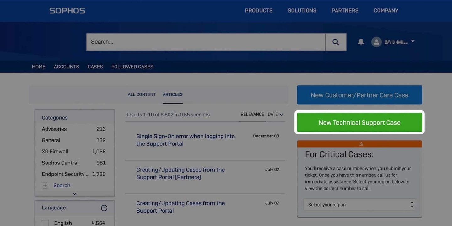 Sophos Support Portal with New Technical Support Case button