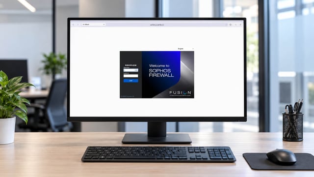 Sophos Firewall v23: Anmeldeseite auf einem Monitor im Büro