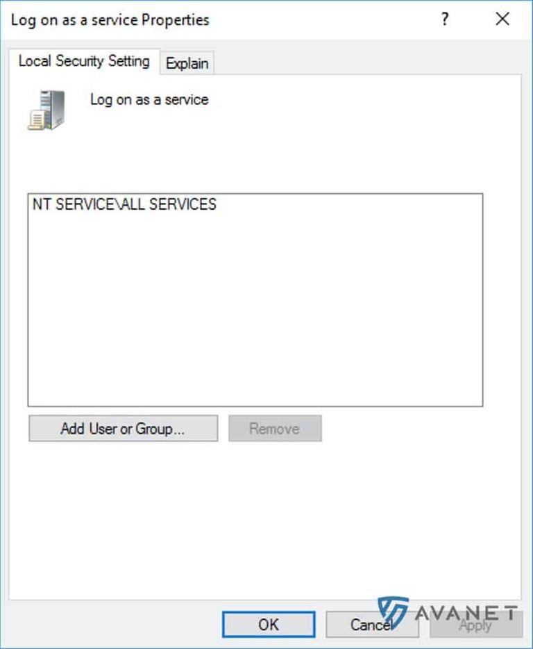 Log on as a service properties